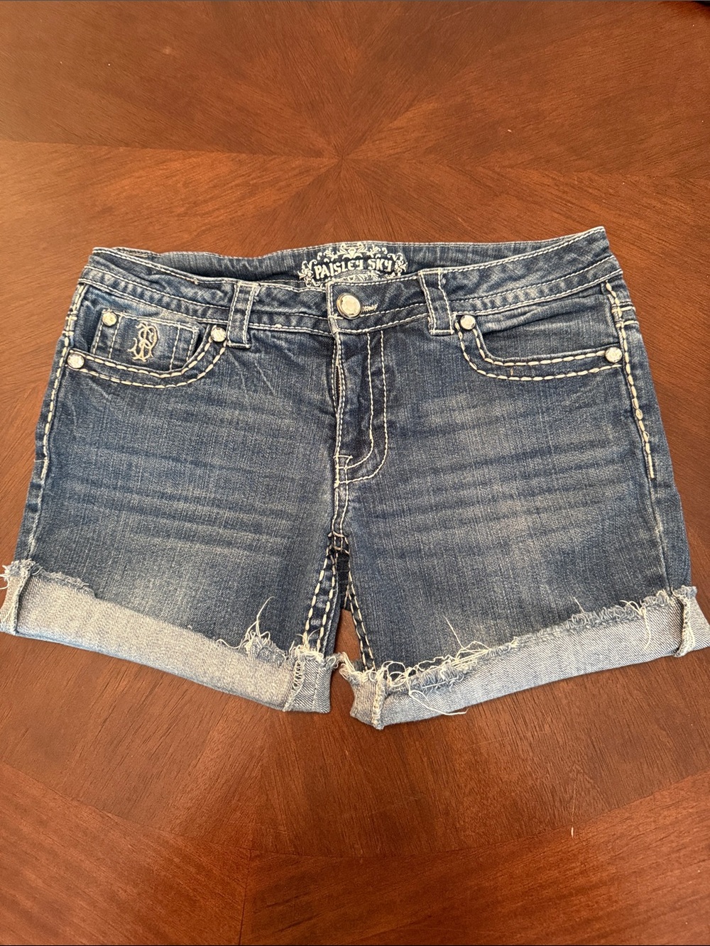 Paisley Sky Distressed Blue Denim Roll-Cuff Shorts size 8 y2k inspired